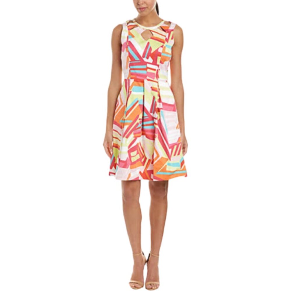 Nine West Bright Geo-Print Multicolor Dress A-Line Pockets Laser-Cut Neckline